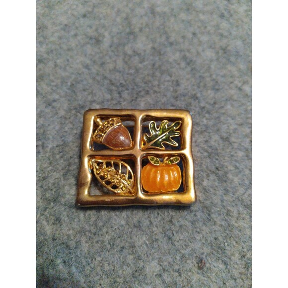 Vintage Fall Autumn Pumpkin Acorn Leaf Square Brooch Pin Gold Tone Ename Jewelry - Picture 2 of 3